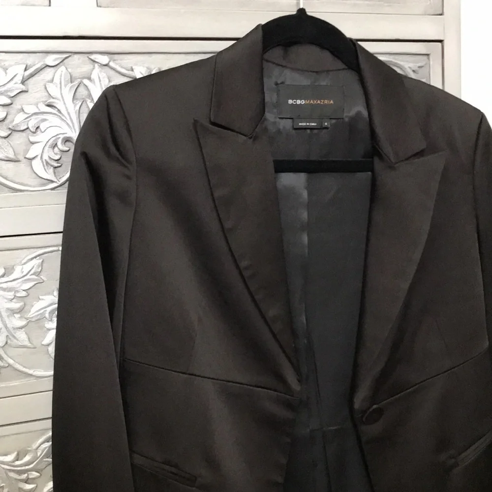BCBG Satin Blazer Feminine Tuxedo with a Twist Black
